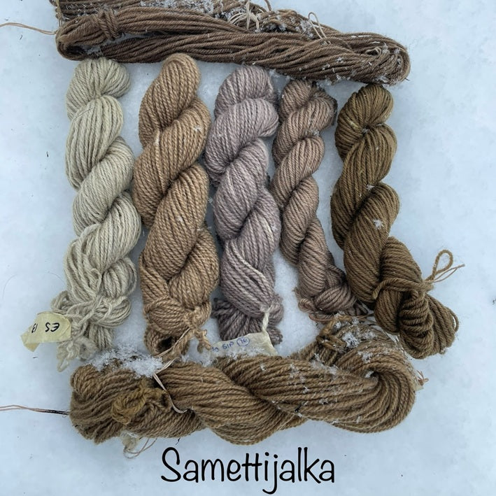 Samettijalalla värjättyjä lankoja.